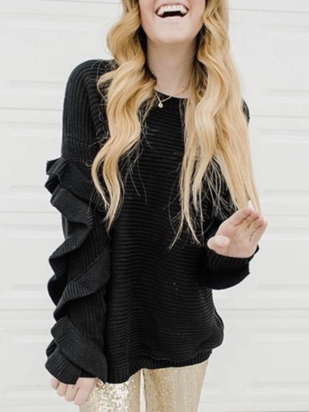 Main Strip Black Ruffle-Sleeve Crewneck Sweater, Ribbed, Women’s Size Small